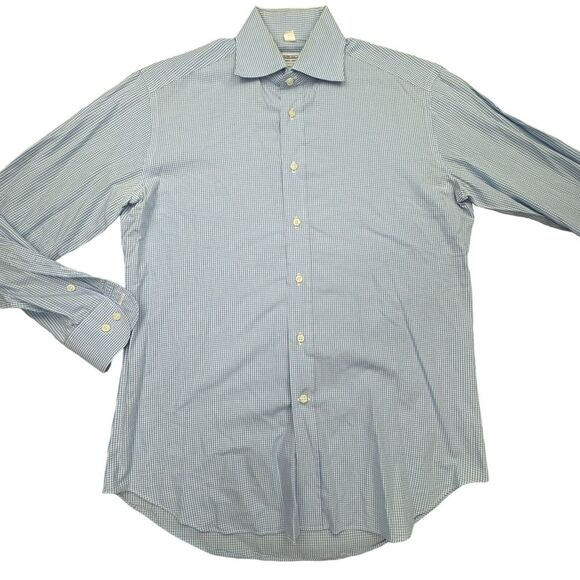 PIATTELLI Barneys New York Shirt Mens 15.5 Blue Gingham Long Sleeve Button Trim - Picture 1 of 10